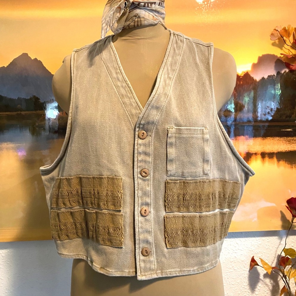 Vintage Eddie Bauer Utility Vest Gorpcore Hiking Outdoor Women L Tan Cotton